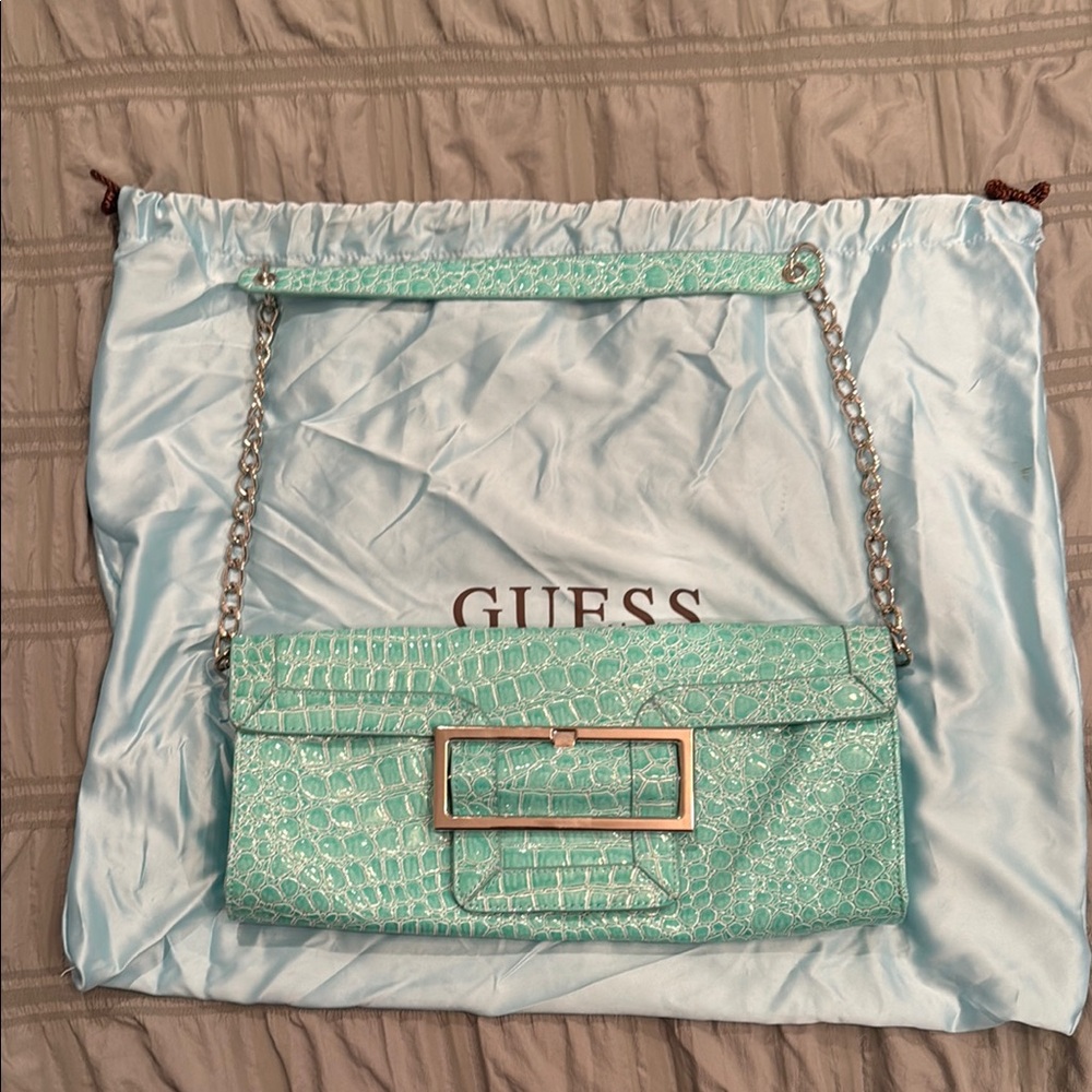 Guess by Marciano Turquoise Quilted Clutch with Chain Detail